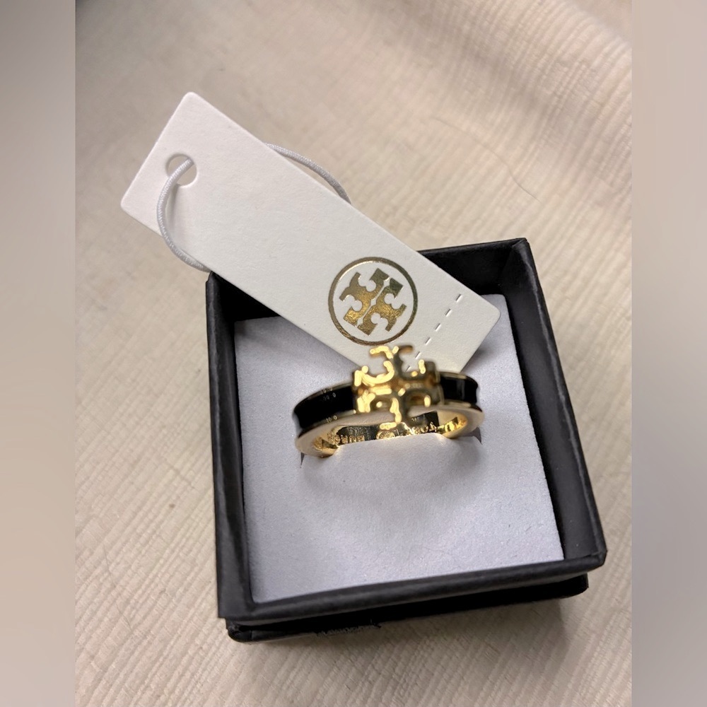 Tory Burch Black and Gold Logo Ring - Picture 6 of 6
